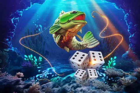 A green bass swims above white dice in a luminous underwater grotto.