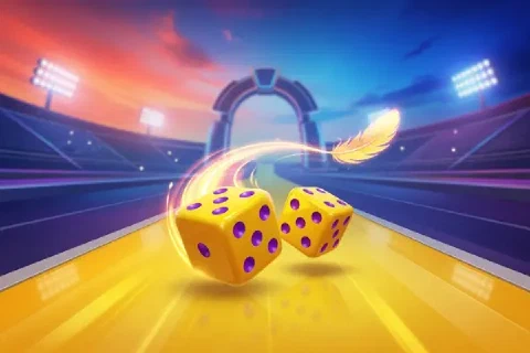 Two yellow dice travel along a bright runway beneath a feather-shaped light trail.