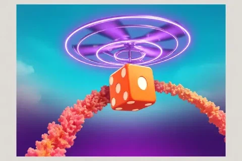 An orange die hangs below a neon rotor above a coral-coloured arc.