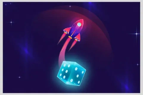 A small purple rocket rises above a glowing cyan die against a dark sky.
