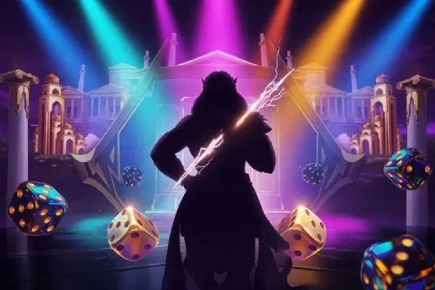 A silhouetted figure holds lightning before a marble palace and floating dice.