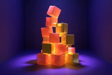 Glowing orange and gold cubes form a stack in an indigo chamber.
