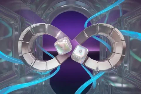 Pearlescent dice sit inside mirrored infinity loops crossed by cyan light ribbons.