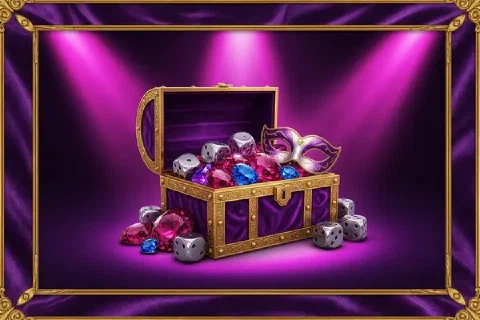 An open treasure chest holds red and blue gems, silver dice and a jester mask.