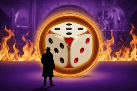 A large ivory die glows inside an amber ring above flames.