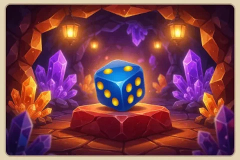 A blue die rests on a red stone plinth amid glowing cave crystals.