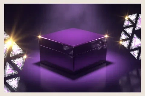 A closed violet box sits among sparkling crystal prisms under spotlights.