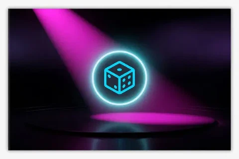 A cyan die symbol glows inside a circular halo under a magenta spotlight.