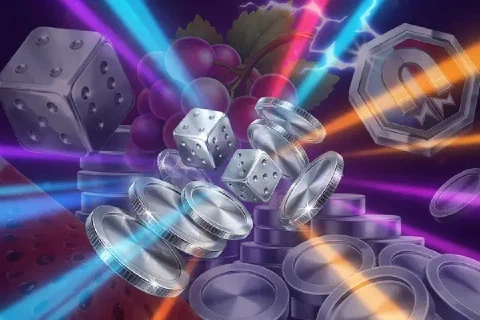 Silver dice and coins float through purple and cyan beams.