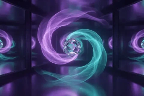 Lilac and turquoise light trails circle a faceted crystal in a mirrored hall.