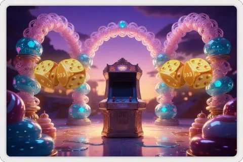 Golden dice flank a dark arcade cabinet beneath pink candy arches.