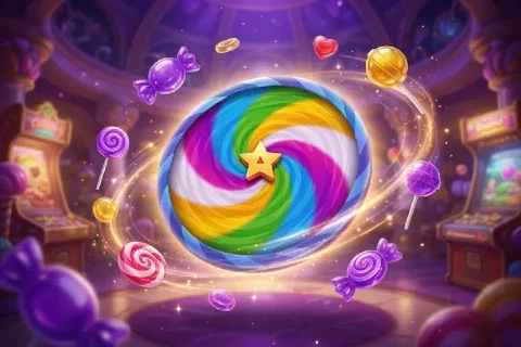 A rainbow candy spiral floats among sweets and arcade cabinets.