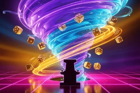 Golden dice circle a violet and cyan vortex over a bright pink floor.