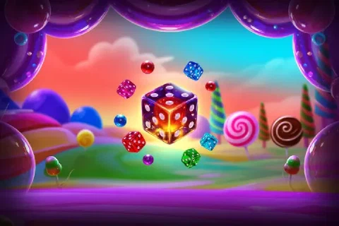 Colourful dice float above a candy landscape beneath violet curtains.