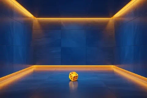 A small yellow die sits on the floor of an empty blue tiled chamber.